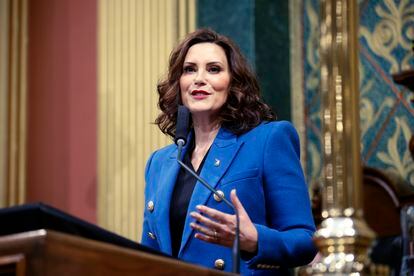 Michigan Gov. Gretchen Whitmer delivers her State of the State address to a joint session of the House and Senate, Jan. 25, 2023, at the state Capitol in Lansing, Mich.