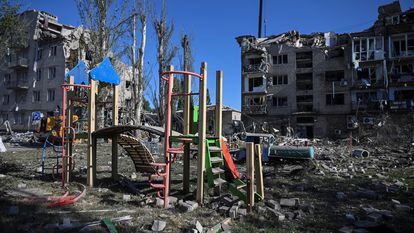 A residential area of ​​the city of Pokrovsk, in the Donetsk region, damaged by Russian missile attacks, on August 8, 2023.