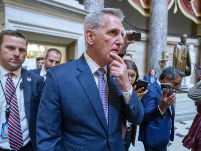 Speaker of the House Kevin McCarthy responds to a question from the news media in the US Capitol in Washington, DC, USA, 18 September 2023.