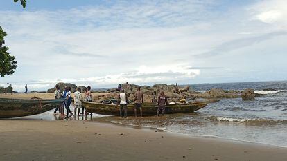 Fishermen in Kribi, a coastal community in southern Cameroon, setting off on a fishing expedition, an activity that has been impacted by climate change.