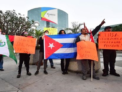 Activists protest against the exclusion of Cuba, Venezuela and Nicaragua from the Summit of the Americas.