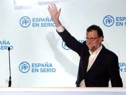 Rajoy at Popular Party headquarters after learning the election results on Sunday.