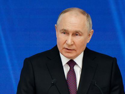 Russian President Vladimir Putin delivers his annual address to the Federal Assembly, in Moscow, Russia, February 29, 2024.
