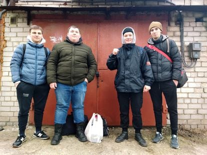 (l-r) Danil, Danil, Lev and Sascha, 18-year-olds who have signed up to join Ukraine‘s territorial defense forces.