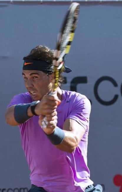Rafael Nadal serves during his comeback match against Federico Delbonis Wednesday