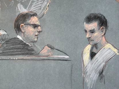 This artist depiction shows Massachusetts Air National Guardsman Jack Teixeira, right, appearing in U.S. District Court in Boston, April 14, 2023.