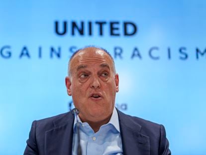 President of Spanish soccer league La Liga, Javier Tebas, speaks during a press conference in Madrid, Spain, Thursday, May 25, 2023.