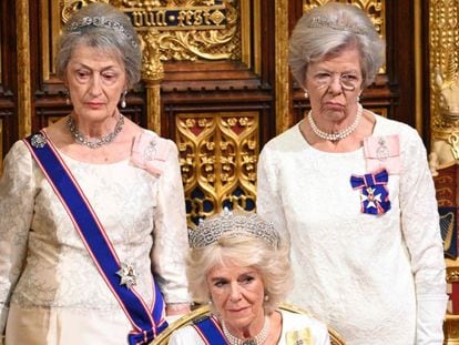 Camilla, Queen Consort, with Fortune FitzRoy (r) and Susan Hussey, at the opening of the British Parliament on November 13, 2019.