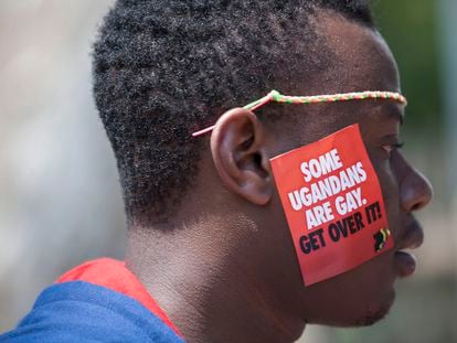 A Ugandan man is seen during the third Annual Lesbian, Gay, Bisexual and Transgender (LGBT) Pride celebrations in Entebbe, Uganda on August 9, 2014.