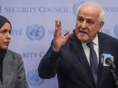 Palestinian United Nations Ambassador Riyad Mansour, right, speaks during a press conference ahead of a U.N. General Assembly vote on a resolution calling for a cease fire between Israel and Hamas in Gaza, Tuesday, Dec. 12, 2023, at U.N. headquarters.