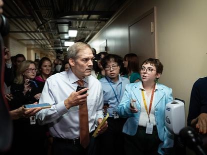 Rep. Jim Jordan arrives to a lunch meeting with members of the Texas Republican Congressional delegation at the U.S. Capitol, October 4, 2023, in Washington, DC.