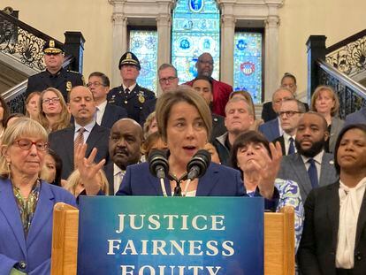 Massachusetts Gov. Maura Healey holds a news conference  at the Massachusetts Statehouse in Boston on Wednesday, March 13, 2024.