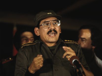 Humberto Ortega at a press conference during peace negotiations between the Sandinistas and the Contras – guerrillas who opposed the Sandinista National Liberation Front.