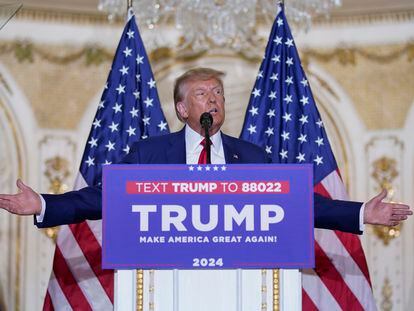 Former President Donald Trump speaks at his Mar-a-Lago estate Tuesday, April 4, 2023, in Palm Beach, Florida.