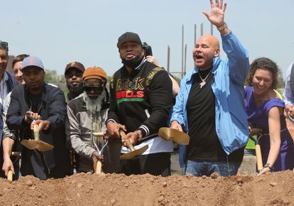 From left to right, the executive director of the Universal Hip Hop Museum, Rocky Bucano; Rappers Nas, LL Cool J and Fat Joe, at the groundbreaking ceremony for the new Universal Hip Hop Museum in the Bronx borough of New York, in May 2021.

