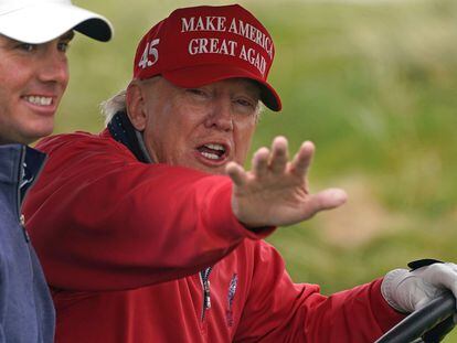 Former US president Donald Trump plays golf at Trump International Golf Links & Hotel in Doonbeg, Ireland, Thursday, May 4, 2023, during his visit to Ireland.