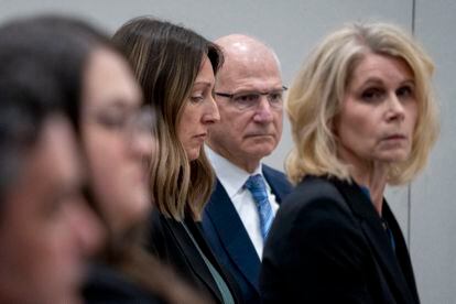 Dr. Caitlin Bernard, left, sits between attorneys John Hoover and Alice Morical on May 25, 2023.
