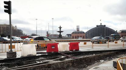 These tram tracks were uncovered outside of the Atocha train station during roadworks.
