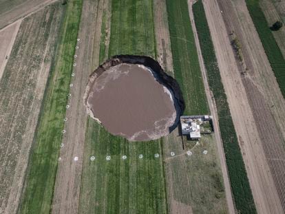 An aerial view of the sinkhole in Santa María Zacatepec, taken on June 1.