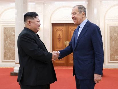 North Korean leader Kim Jong Un shakes hands with Russian Foreign Minister Sergei Lavrov during a meeting in Pyongyang, North Korea, October 19, 2023.