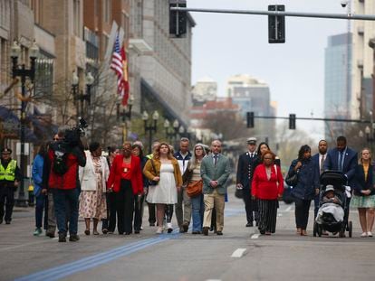 A gathering for victims of the 2013 Boston Marathon bombing on Boylston Street, on Saturday.