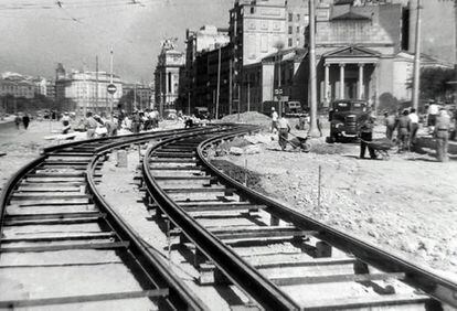 Tram tracks around the Carlos V roundabout. These tracks, which led to Atocha, were recently uncovered by public works.