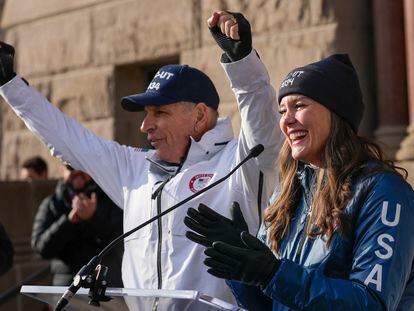 Fraser Bullock, left, president and CEO of the Salt Lake City-Utah Committee for the Games and Salt Lake City Mayor Erin Mendenhall celebrate at City Hall, Wednesday, Nov. 29, 2023.