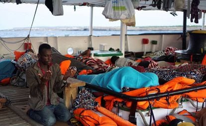 A migrant praying this morning on board the ‘Open Arms’ NGO rescue ship.