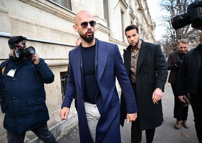 Andrew Tate, followed by his brother Tristan Tate, photographed at the Court of Appeal in Bucharest, Romania, on December 22, 2023.
