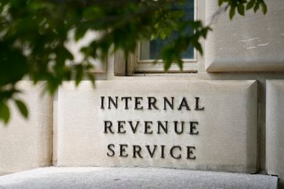 A sign outside the Internal Revenue Service building is seen on May 4, 2021