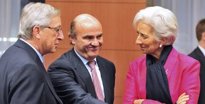 Photo from 2012 of former Eurogroup president, Jean-Claude Juncker, former Economy Minister Luis de Guindos and IMF president Christine Lagarde.