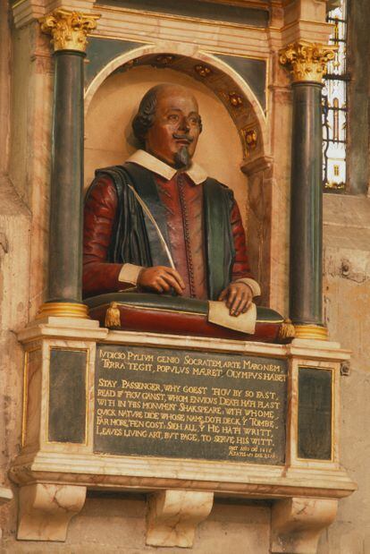 Bust of William Shakespeare at his funeral monument in Stratford-upon-Avon.