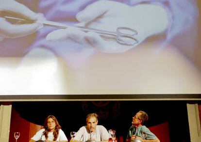 Fernando Colomo (right) looks up at the screen during the presentation of his short protest film last week.  