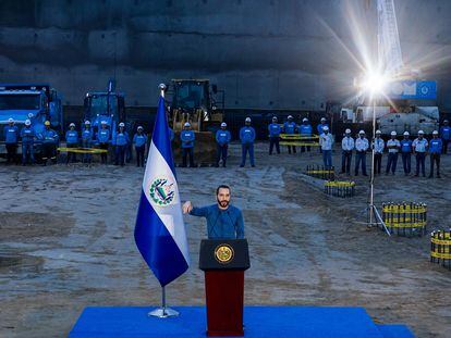 Nayib Bukele speaks during an event, marking the start of the construction of the Rosales Hospital, in San Salvador, June 15, 2023