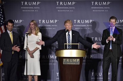 Donald Trump and his three children (from left, Donald Jr., Ivanka and Eric), in an October 2016 image.