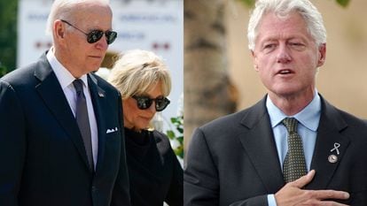 Joe Biden (left) and Bill Clinton (right) at tributes following the Uvalde and Columbine school shootings, respectively.