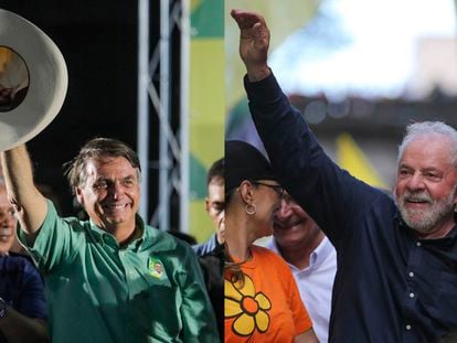 President Jair Bolsonaro (left), during a campaign rally in Guarulhos, and former president Lula da Silva during a march in Porto Alegre.