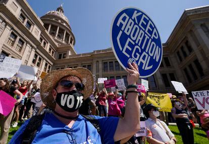 Abortion rights demonstrators attend a rally at the Texas state Capitol in Austin, Texas, on May 14, 2022.