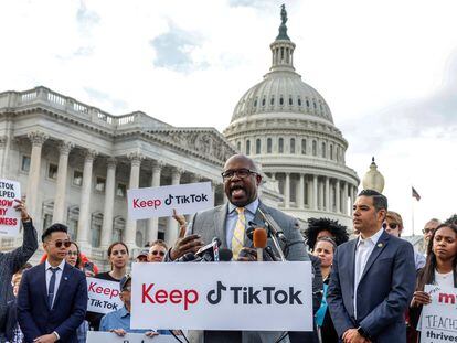 U.S. Representative Jamal Bowman (D-NY) joins TikTok creators at a news conference to speak out against a possible ban of TikTok at the House Triangle at the United States Capitol in Washington, U.S., March 22, 2023.