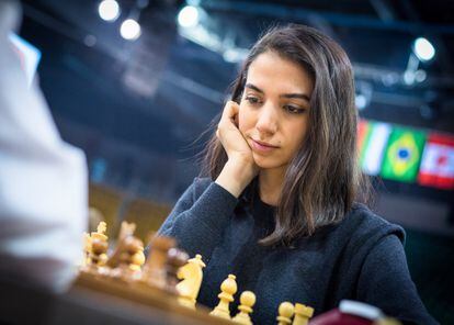Sarasadat Khademalsharieh, playing without a hijab, during the FIDE World Rapid and Blitz Chess Championship in Almaty, Kazakhstan.