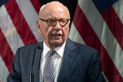 Rupert Murdoch introduces Secretary of State Mike Pompeo during the Herman Kahn Award Gala on Oct. 30, 2019