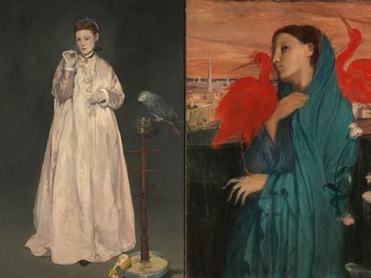 Young Lady (1866), by Édouard Manet, and Young Woman with Ibis, begun in 1857 and completed in 1866-68, by Edgar Degas.