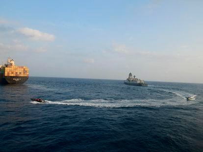 This photograph shared by Indian navy on the X platform shows a firefighting team from Indian Navy vessel INS Kolkata responding to a fire on Liberian-flagged Merchant ship MSC Sky II caused due to a suspected drone/missile attack in the Gulf of Aden, Tuesday, March 5, 2024.