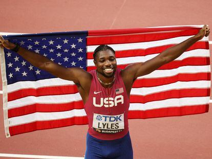 Noah Lyles of the U.S. celebrates after winning the men's 100m final.