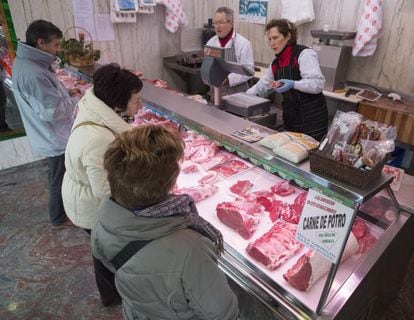 Rosa del Val selling horsemeat at her butcher&#039;s shop. 