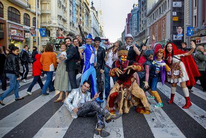 Some of the stars from various musicals currently playing in Madrid pose on Gran Vía.