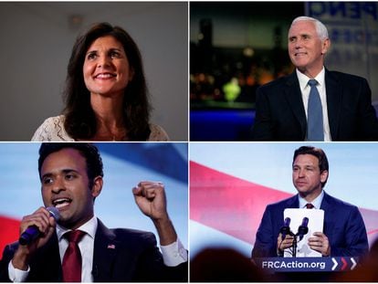 Four of the seven candidates who will take part in the second Republican debate in Simi Valley. Starting at top left: Nikki Haley, Mike Pence, Vivek Ramaswamy and Ron DeSantis.