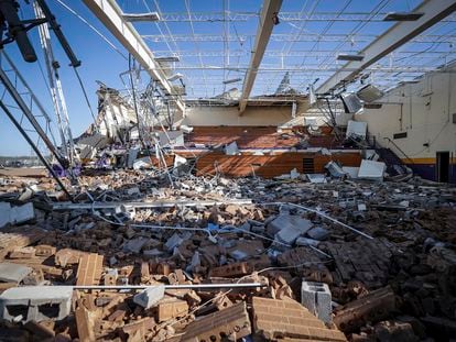 The gym of Crestview Elementary School was damaged by a tornado the day before in Covington, Tennessee, on Saturday, April 1, 2023.