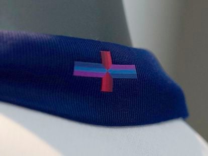 A view of Nike's designed St George's Cross on the back of the collar of the new England shirt at St. George's Park, Burton upon Trent, England, March 22, 2024.