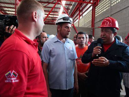 Hugo Ch&aacute;vez during a visit to a tractor-manufacturing plant in Barinas state on Tuesday.